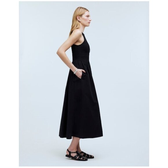 Madewell Melody Smocked Crinkled Cotton Poplin Midi Dress Black Size XXS NWT - Picture 3 of 10